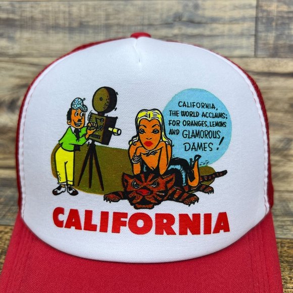 California Mens Trucker Hat Red Snapback 1950s Logo Tiger Model Baseball Cap - Picture 3 of 8
